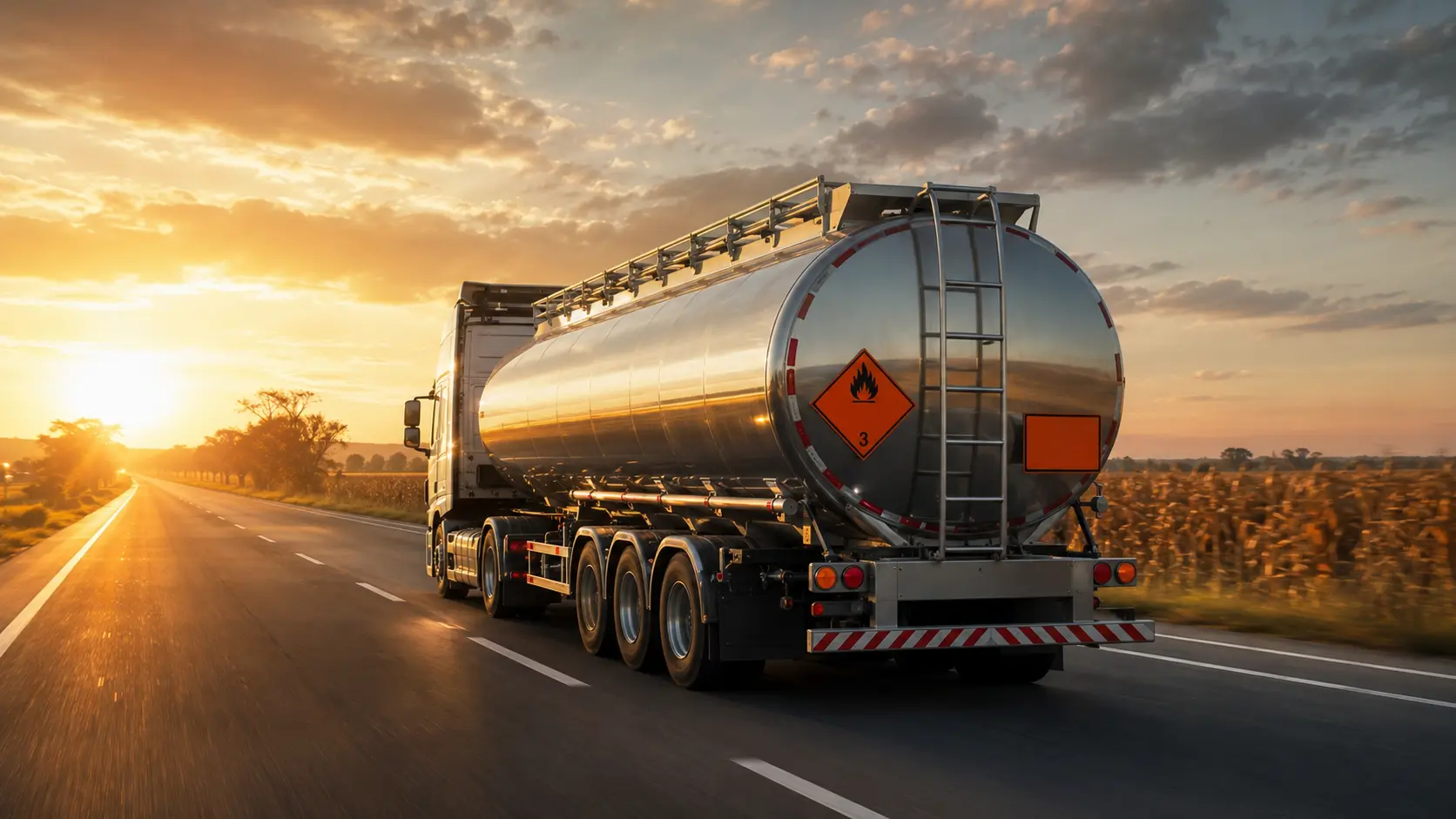 Caminhão-tanque de transporte de combustível em rodovia ao amanhecer, com sinalização de carga perigosa visível na traseira do veículo