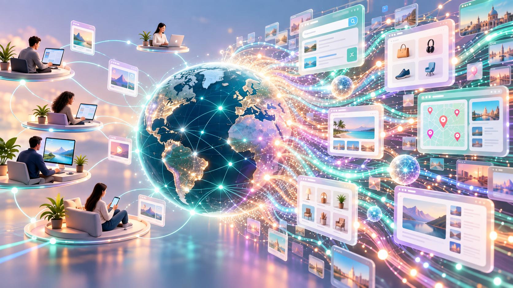 Rede digital global conecta pessoas e sistemas automatizados que navegam por lojas, mapas, hotéis e páginas de conteúdo, com fluxos de dados mostrando o crescimento do tráfego gerado por máquinas.