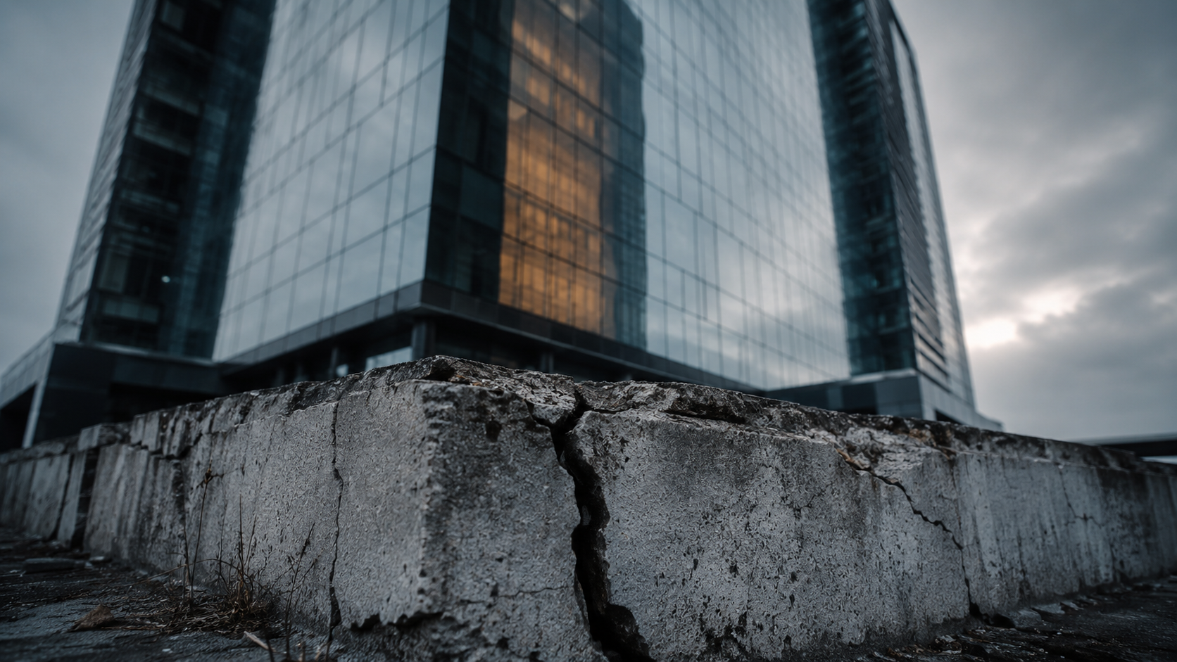 Torre de vidro moderna erguida sobre fundação de concreto imagem rachado, ilustrando a dívida técnica acumulada por códigogerado com inteligência artificial